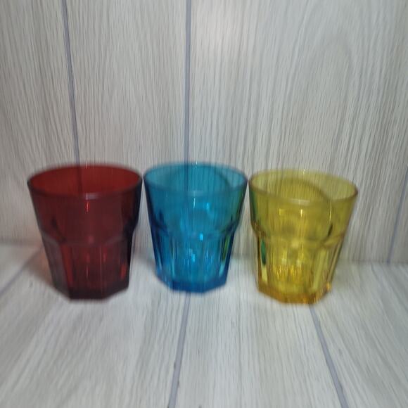 Set Of 3 Rainbow Glasses Red Blue Yellow Small Tumblers Water Glass Barware - Picture 8 of 8